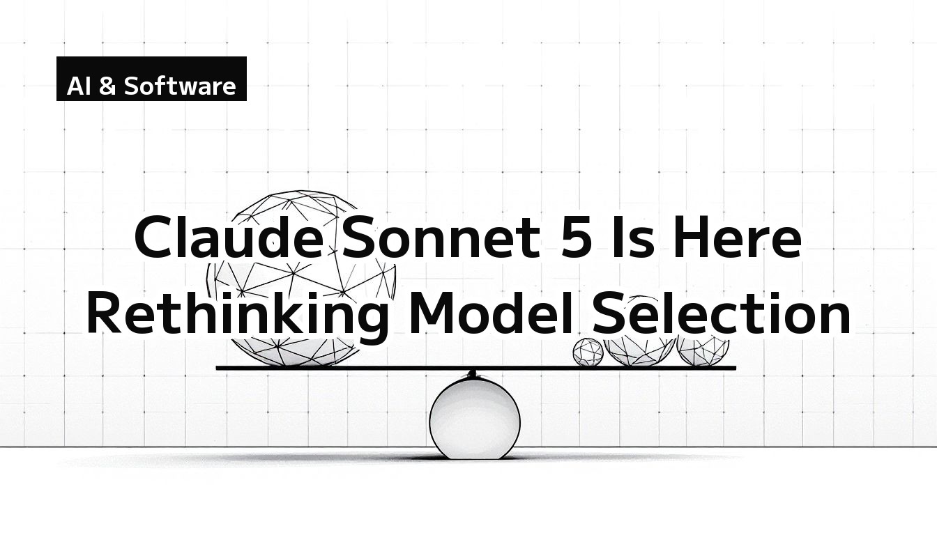 Claude Sonnet 5 is here — rethinking model selection. Monochrome illustration of large and small polyhedrons on a balance scale